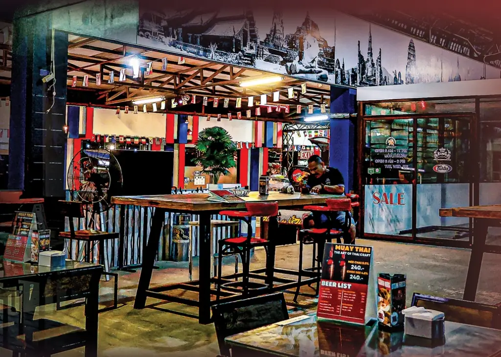 The food and bar area inside Patong Boxing Stadium